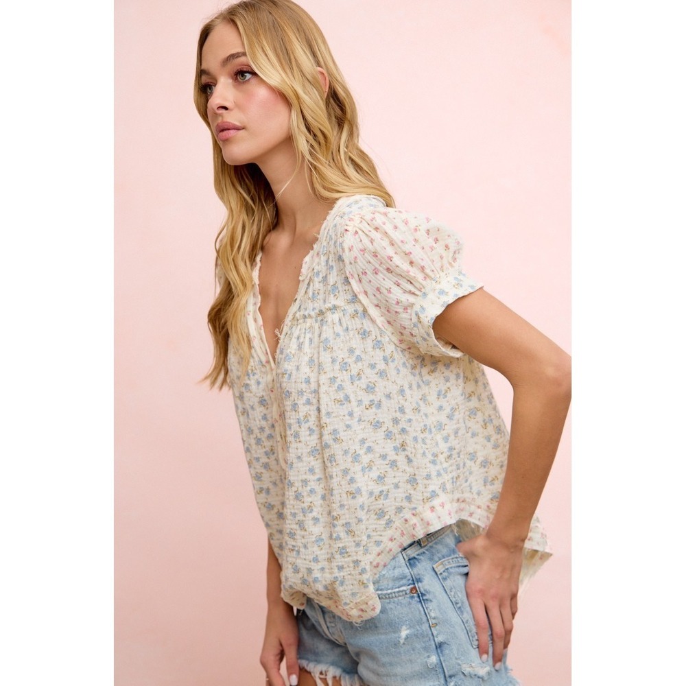 BiBi Floral Crinkle Neckdrop Short Sleeve Blouse Top - Medium - Picture 6 of 10